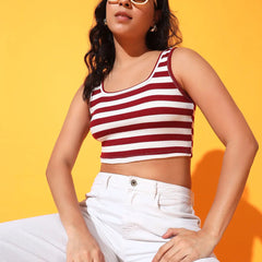 Women's & Girls' Striped Maroon Ribbed Square Neck Slim Fit Crop Tank Tops Istyle Can