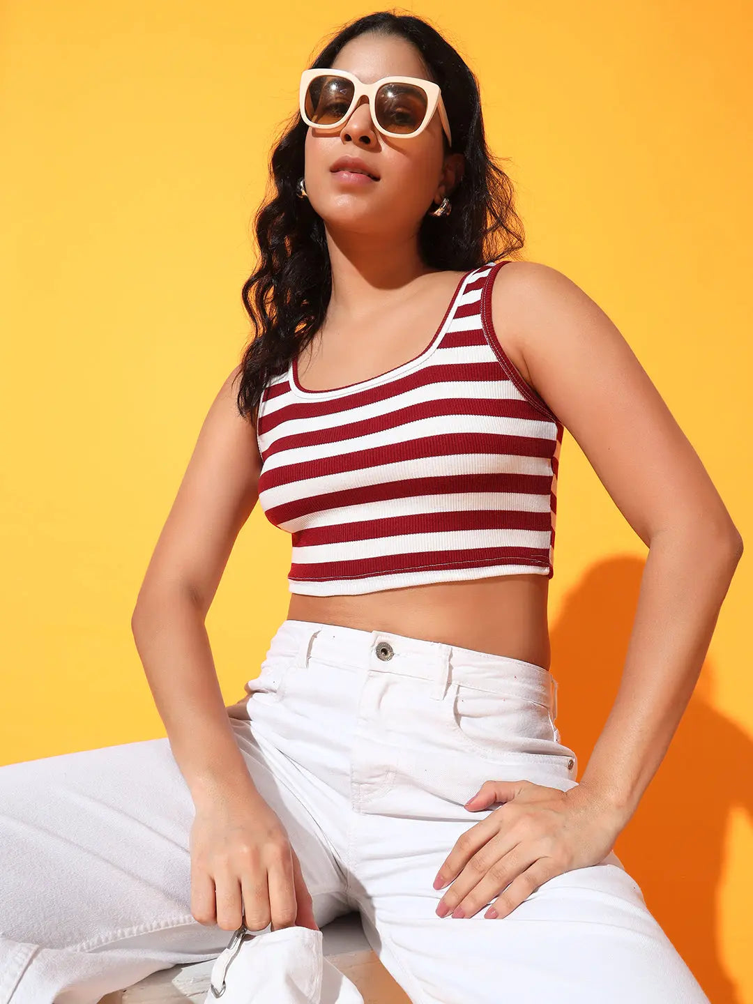 Women's & Girls' Striped Maroon Ribbed Square Neck Slim Fit Crop Tank Tops Istyle Can