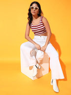 Women's & Girls' Striped Maroon Ribbed Square Neck Slim Fit Crop Tank Tops Istyle Can