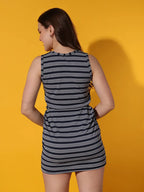 Black Striped Round Neck Sleeveless Waist Tie Casual Fashion Dress Sundress