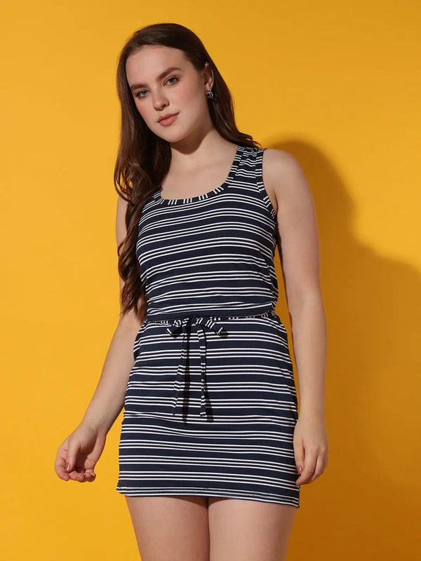 Black Striped Round Neck Sleeveless Waist Tie Casual Fashion Dress Sundress