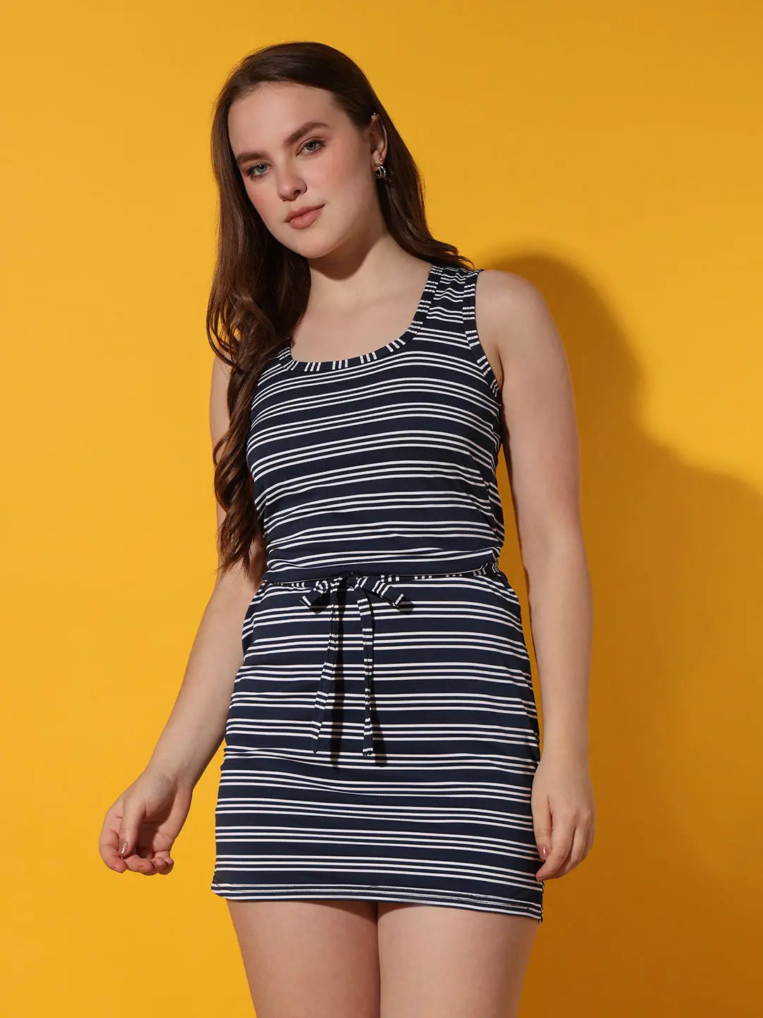 Black Striped Round Neck Sleeveless Waist Tie Casual Fashion Dress Sundress