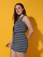 Black Striped Round Neck Sleeveless Waist Tie Casual Fashion Dress Sundress