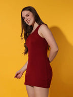 Maroon Solid Round Neck Sleeveless Waist Tie Casual Fashion Bodycon Tank Dress Sundress