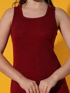 Maroon Solid Round Neck Sleeveless Waist Tie Casual Fashion Bodycon Tank Dress Sundress