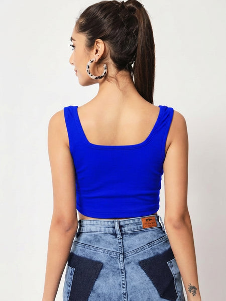 Istyle Can royal blue ribbed square neck sleeveless crop top side view