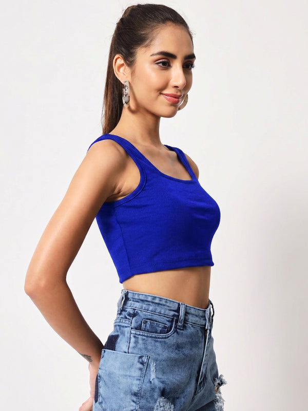 Istyle Can royal blue ribbed square neck crop top model view