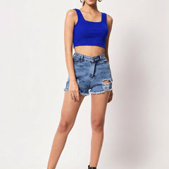 Istyle Can royal blue square neck crop top detail view