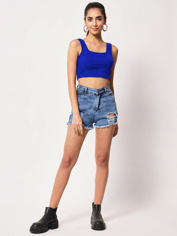 Istyle Can royal blue square neck crop top detail view