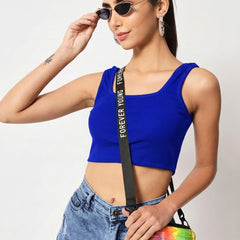 Istyle Can royal blue ribbed square neck crop top look shot