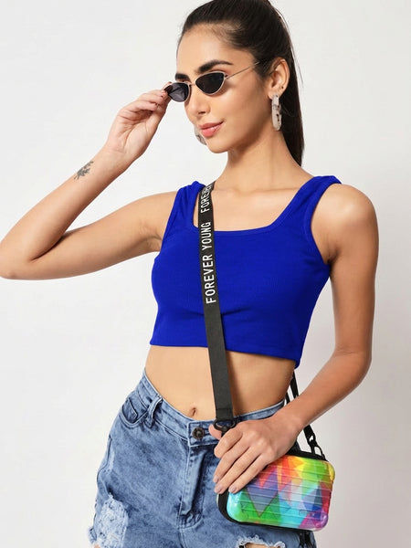 Istyle Can royal blue ribbed square neck crop top look shot