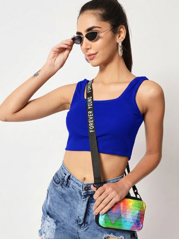 Istyle Can royal blue ribbed square neck crop top look shot