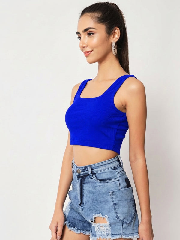 Istyle Can royal blue ribbed square neck sleeveless crop top back view