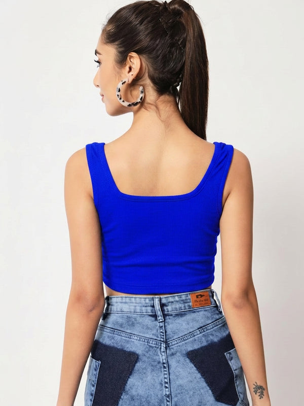 Istyle Can royal blue ribbed square neck sleeveless crop top side view
