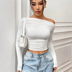 Istyle Can Solid White Color Asymmetric Collar Pleated Cropped Top My Store