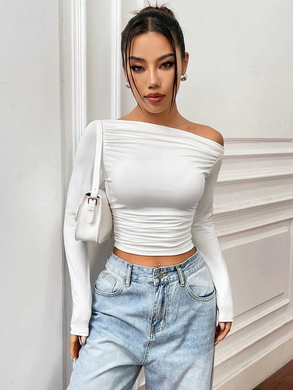 Istyle Can Solid White Color Asymmetric Collar Pleated Cropped Top My Store