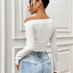 Istyle Can Solid White Color Asymmetric Collar Pleated Cropped Top My Store