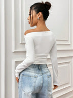 Istyle Can Solid White Color Asymmetric Collar Pleated Cropped Top My Store