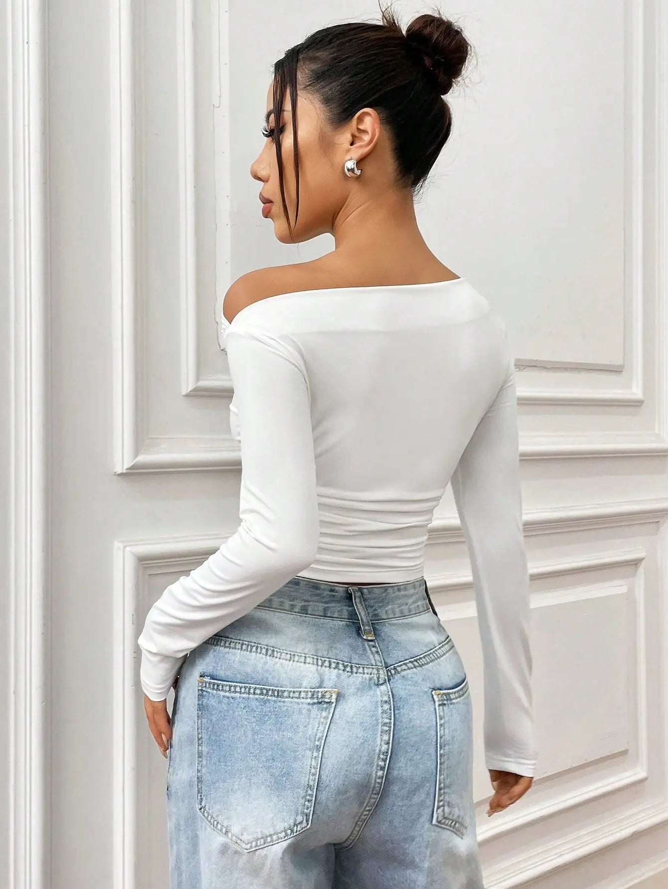 Istyle Can Solid White Color Asymmetric Collar Pleated Cropped Top My Store