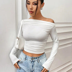 Istyle Can Solid White Color Asymmetric Collar Pleated Cropped Top My Store