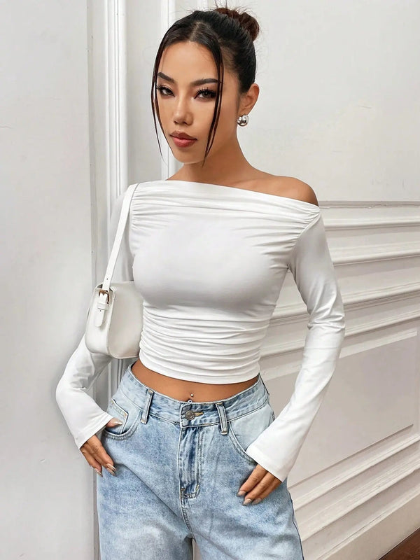 Istyle Can Solid White Color Asymmetric Collar Pleated Cropped Top My Store