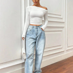 Istyle Can Solid White Color Asymmetric Collar Pleated Cropped Top My Store