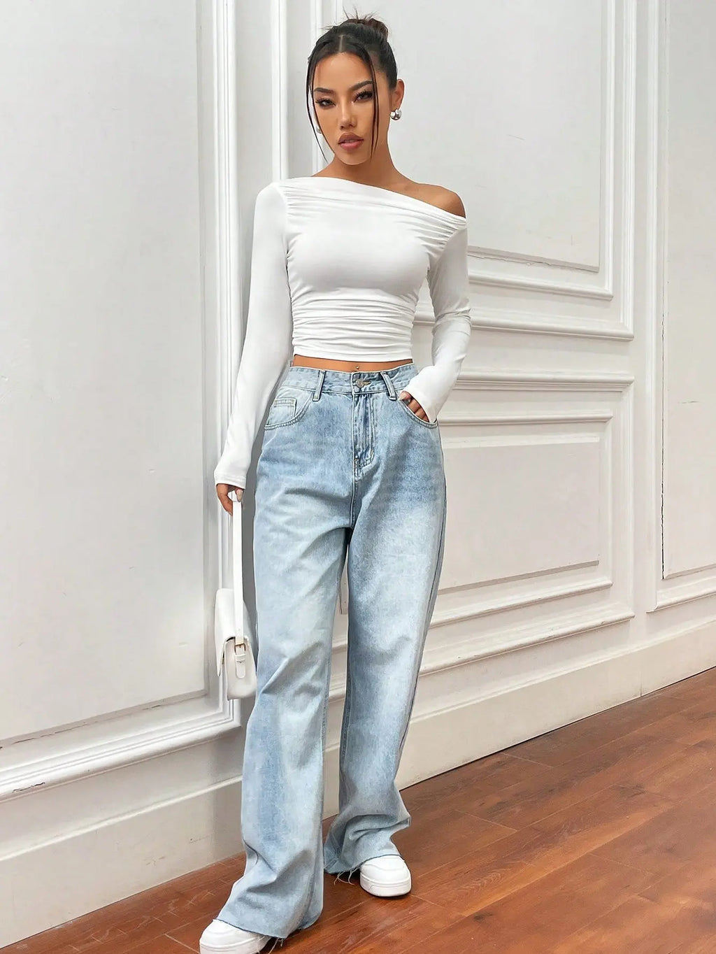 Istyle Can Solid White Color Asymmetric Collar Pleated Cropped Top My Store