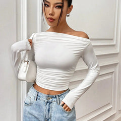 Istyle Can Solid White Color Asymmetric Collar Pleated Cropped Top My Store
