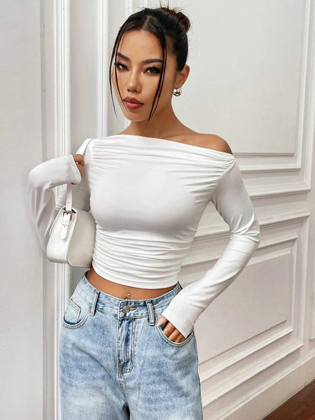 Istyle Can Solid White Color Asymmetric Collar Pleated Cropped Top My Store