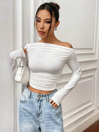 Istyle Can Solid White Color Asymmetric Collar Pleated Cropped Top My Store