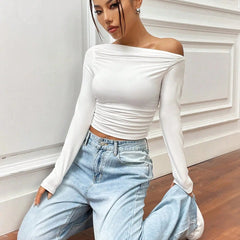 Istyle Can Solid White Color Asymmetric Collar Pleated Cropped Top My Store