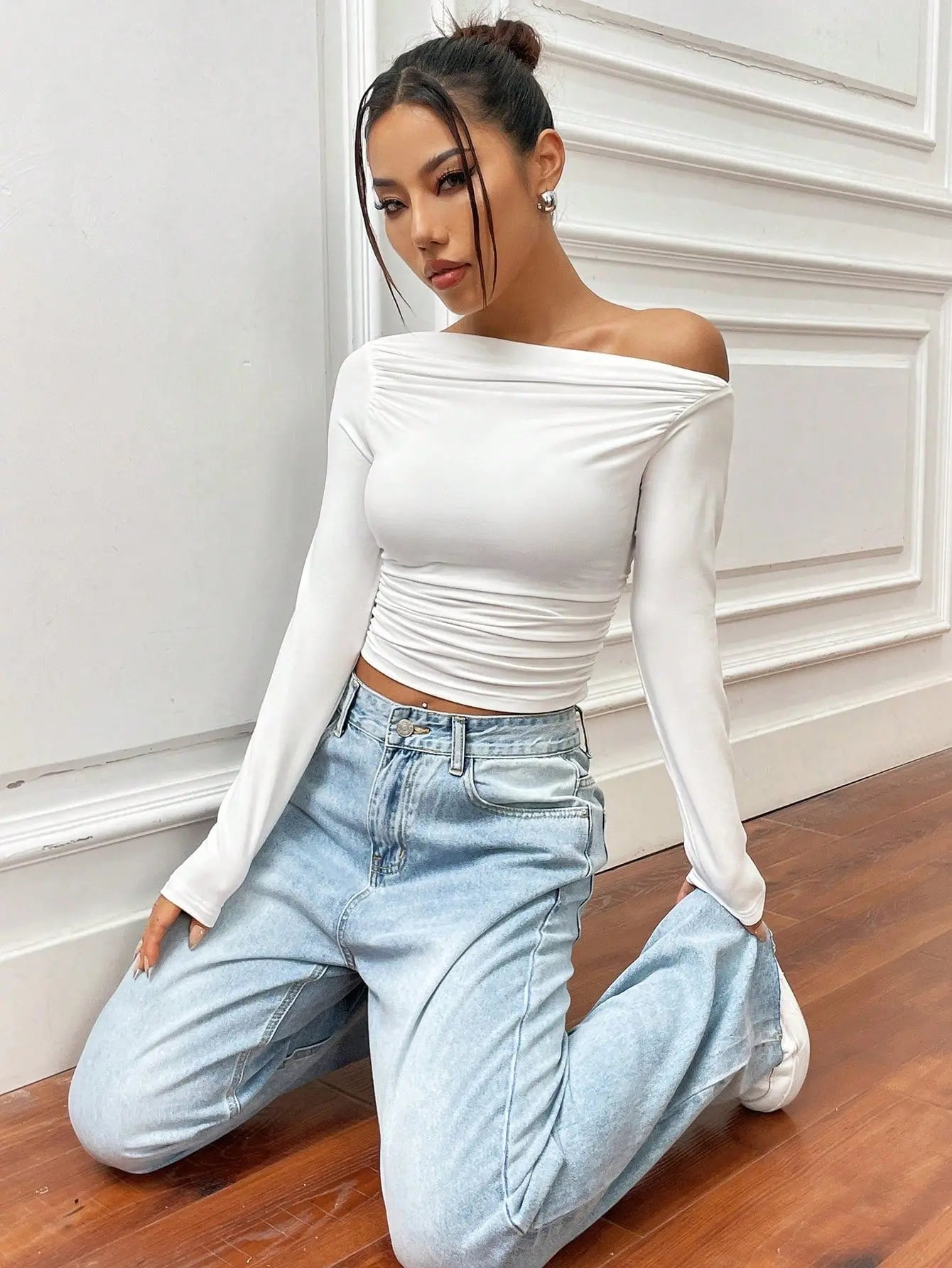 Istyle Can Solid White Color Asymmetric Collar Pleated Cropped Top My Store