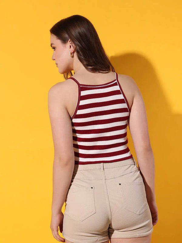 Womens Maroon Striped Ribbed Helter Neck Slim Fit Crop Tank Top Istyle Can
