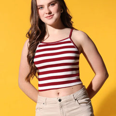 Womens Maroon Striped Ribbed Helter Neck Slim Fit Crop Tank Top Istyle Can