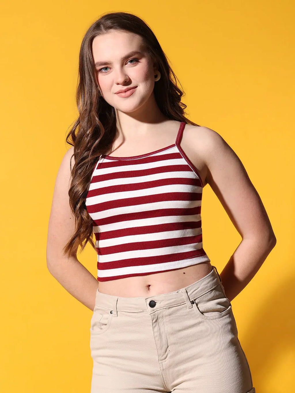 Womens Maroon Striped Ribbed Helter Neck Slim Fit Crop Tank Top Istyle Can