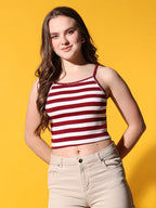 Womens Maroon Striped Ribbed Helter Neck Slim Fit Crop Tank Top Istyle Can