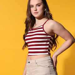 Womens Maroon Striped Ribbed Helter Neck Slim Fit Crop Tank Top Istyle Can