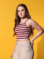 Womens Maroon Striped Ribbed Helter Neck Slim Fit Crop Tank Top Istyle Can
