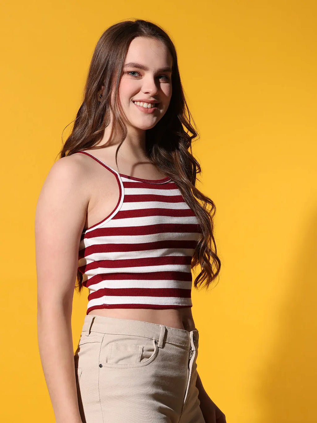 Womens Maroon Striped Ribbed Helter Neck Slim Fit Crop Tank Top Istyle Can