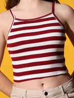 Womens Maroon Striped Ribbed Helter Neck Slim Fit Crop Tank Top Istyle Can
