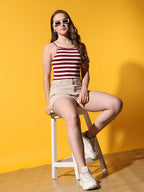 Womens Maroon Striped Ribbed Helter Neck Slim Fit Crop Tank Top Istyle Can