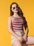 Womens Maroon Striped Ribbed Helter Neck Slim Fit Crop Tank Top Istyle Can