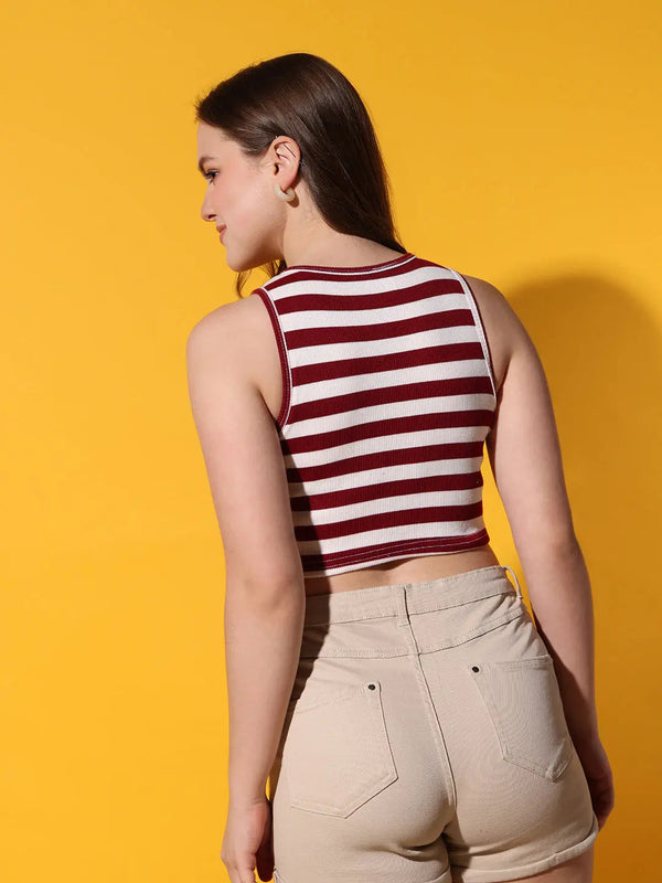 Women's Crew Neck Sleeveless Maroon Striped Rib Knit Crop Tank Top Istyle Can
