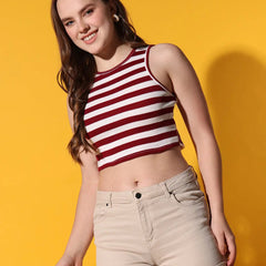 Women's Crew Neck Sleeveless Maroon Striped Rib Knit Crop Tank Top Istyle Can