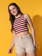 Women's Crew Neck Sleeveless Maroon Striped Rib Knit Crop Tank Top Istyle Can
