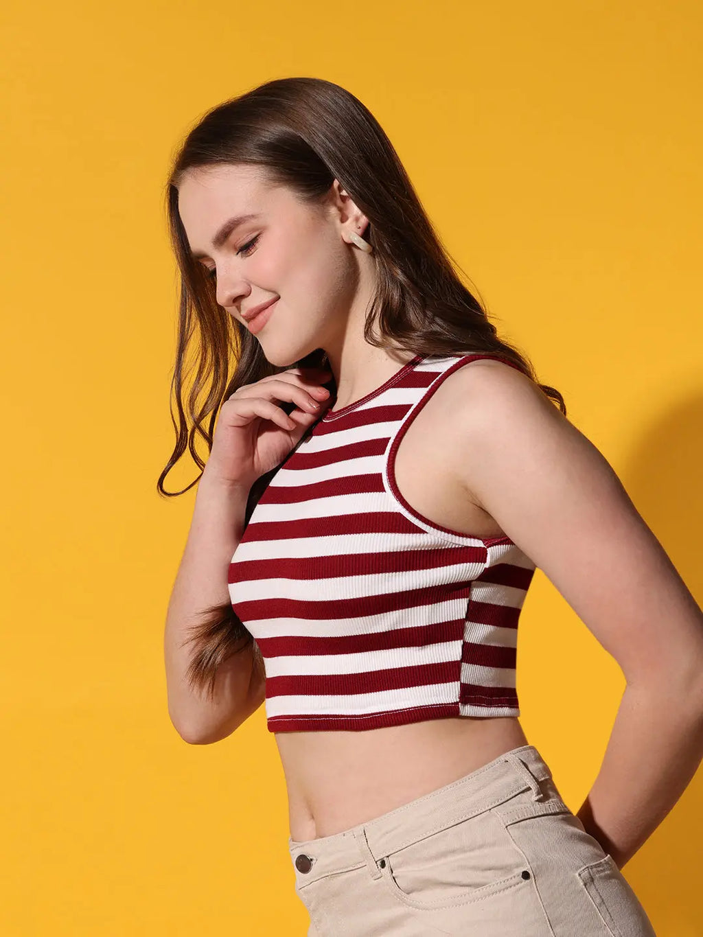 Women's Crew Neck Sleeveless Maroon Striped Rib Knit Crop Tank Top Istyle Can