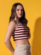 Women's Crew Neck Sleeveless Maroon Striped Rib Knit Crop Tank Top Istyle Can