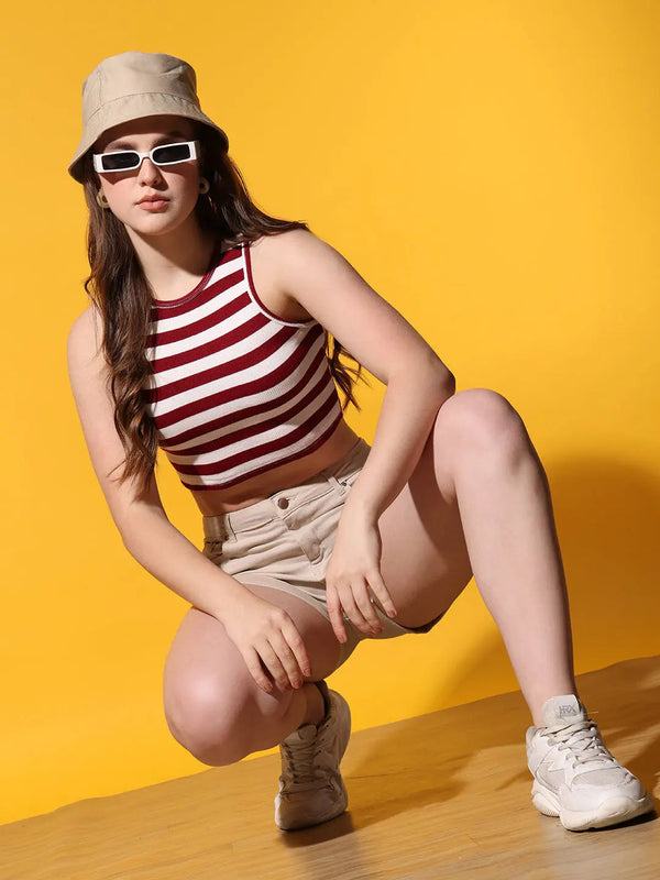Women's Crew Neck Sleeveless Maroon Striped Rib Knit Crop Tank Top Istyle Can