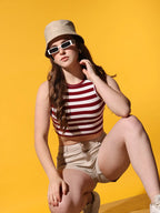 Women's Crew Neck Sleeveless Maroon Striped Rib Knit Crop Tank Top Istyle Can