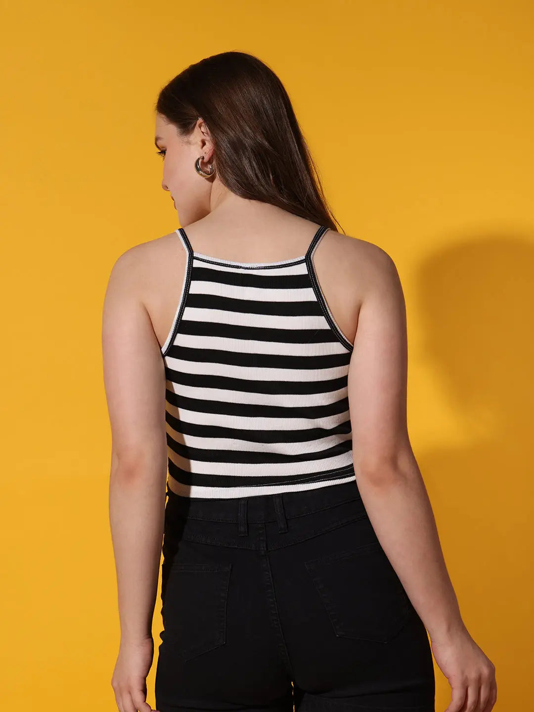 Womens Black Striped Ribbed Helter Neck Slim Fit Crop Tank Top Istyle Can